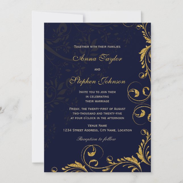 Elegant Faux Guld Glitter Blommigt Swirls Navy Blu Inbjudningar (Framsida)