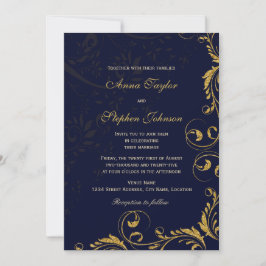 Elegant Faux Guld Glitter Blommigt Swirls Navy Blu Inbjudningar
