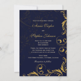 Elegant Faux Guld Glitter Blommigt Swirls Navy Blu Inbjudningar