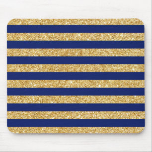 Elegant Faux Guld Glitter och Blå Rand Mönster Musmatta
