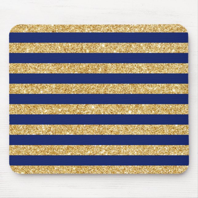 Elegant Faux Guld Glitter och Blå Rand Mönster Musmatta (Framsidan)