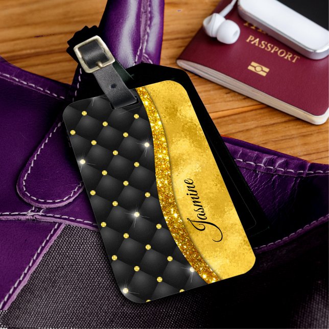 Elegant faux Guld glitter svartdiamant monogram Bagagebricka (Skapare uppladdad)