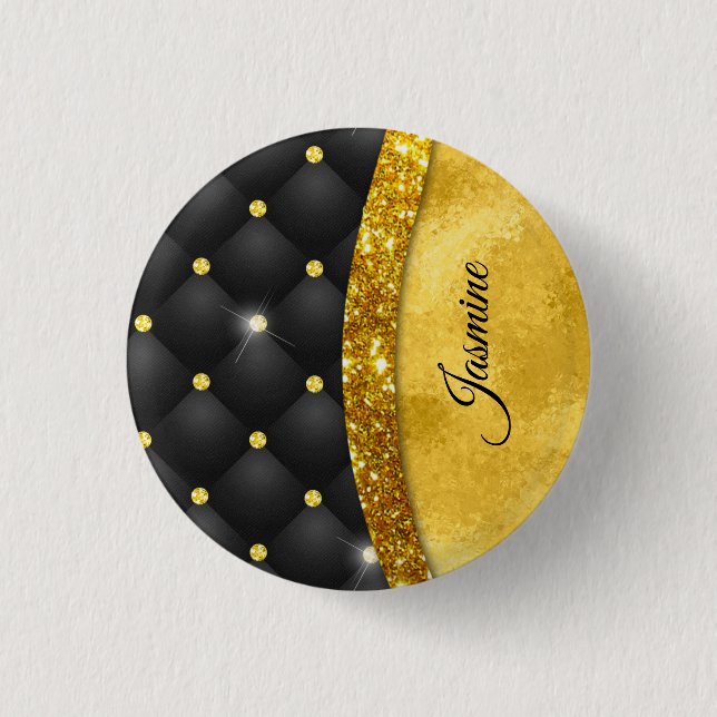 Elegant faux Guld glitter svartdiamant monogram Knapp (Framsida)
