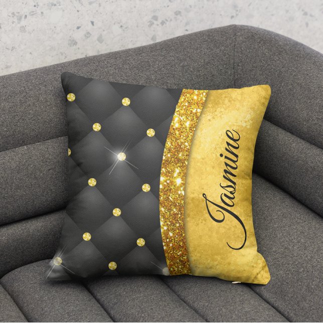 Elegant faux Guld glitter svartdiamant monogram Kudde (Skapare uppladdad)