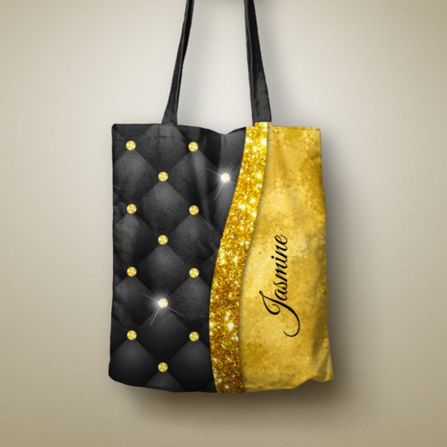 Elegant faux Guld glitter svartdiamant monogram Tygkasse (Skapare uppladdad)