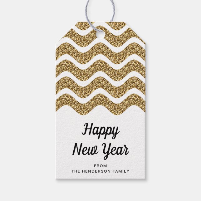 Elegant Faux Guld Glitter White Gott nytt år Presentetikett (Framsidan)
