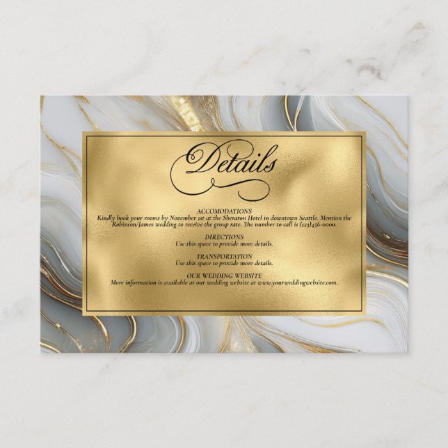 Elegant Faux Guld, Grått och Vita marmorerade Bröl Tilläggskort (Framsida)