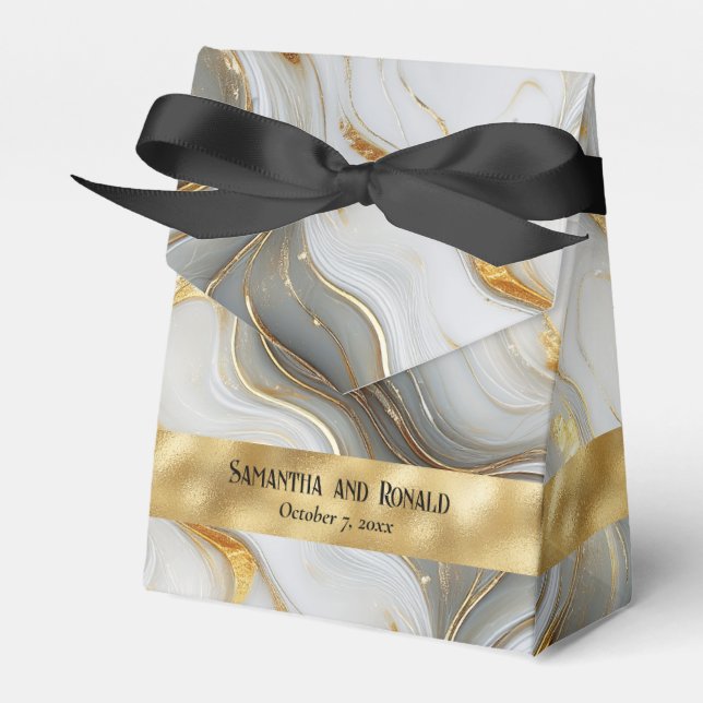 Elegant Faux Guld, Grått White Marble Favor Boxes Presentaskar (Framsidan Sidan)