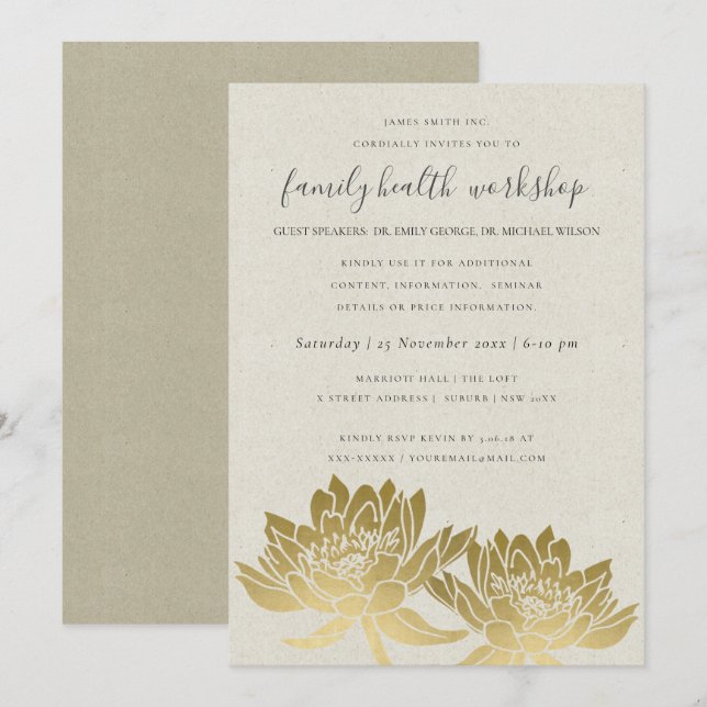 ELEGANT FAUX GULD LOTUS KRAFT WORKSHOP EVENT INBJUDNINGAR (Fram/baksida)