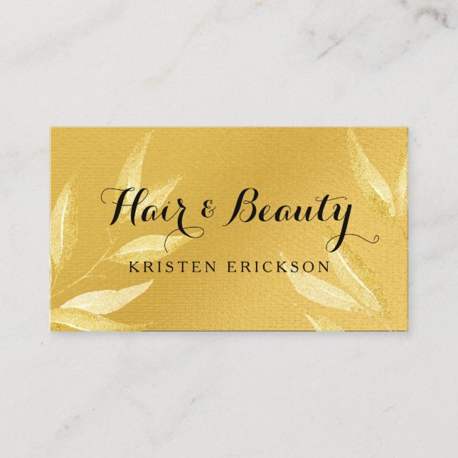 Elegant FAUX Guld Lövs Hair och Beauty Salon Visitkort (Framsida)