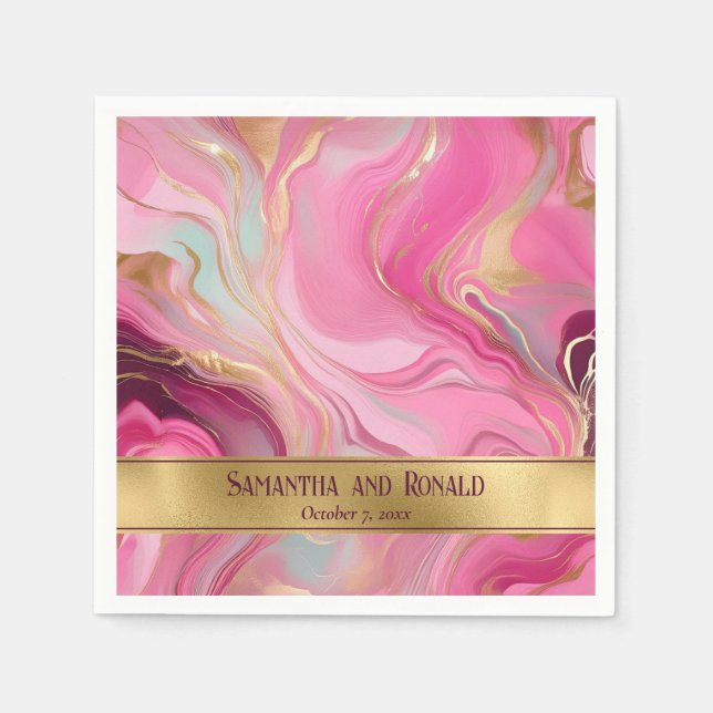 Elegant Faux Guld och Rosa MarLED Bröllop Pappersservett (Framsidan)