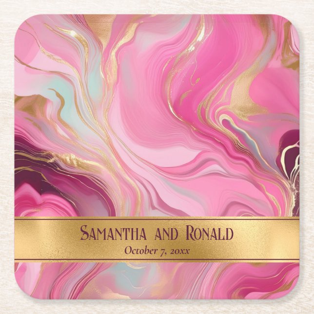 Elegant Faux Guld och Rosa MarLED Bröllop Underlägg Papper Kvadrat (Framsidan)