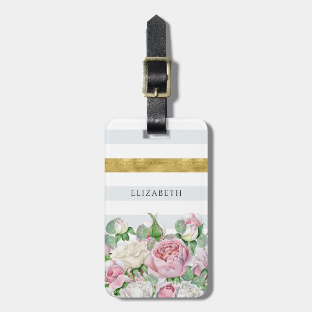 Elegant FAUX Guld Rand med Rosa ros och Namn Bagagebricka (Vertikal Framsida)