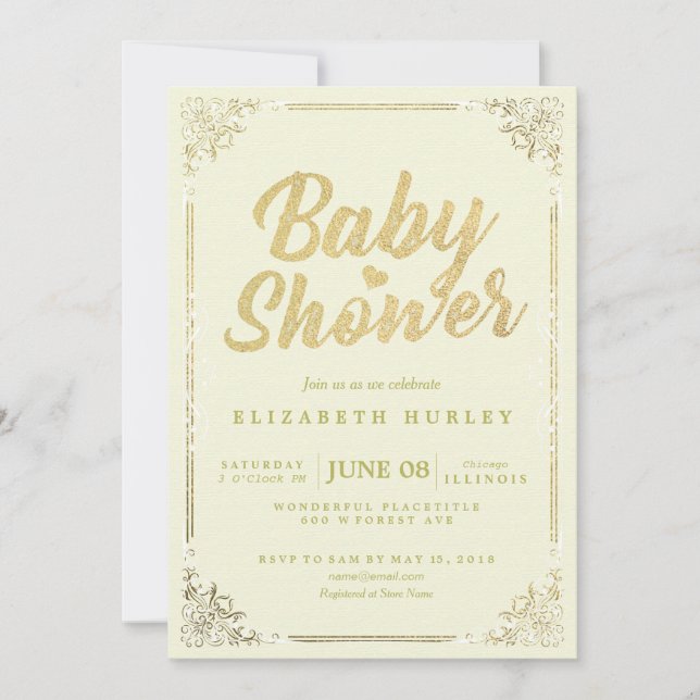 Elegant Faux Guld Script Blommigt Ram Baby Shower Inbjudningar (Framsida)