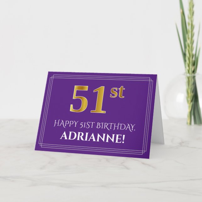 Elegant Faux Guld Se 51:a födelsedagen, Namn, Lila Kort (Framsida)