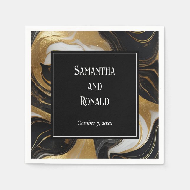 Elegant Faux Guld, Svarta och vita marmorerade Brö Pappersservett (Framsidan)