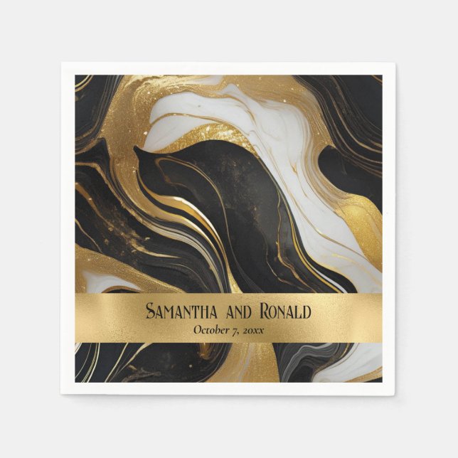 Elegant Faux Guld, Svarta och vita marmorerade Brö Pappersservett (Framsidan)