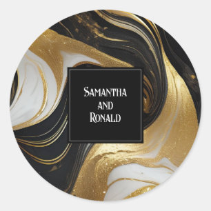 Elegant Faux Guld, Svarta och vita marmorerade Brö Runt Klistermärke