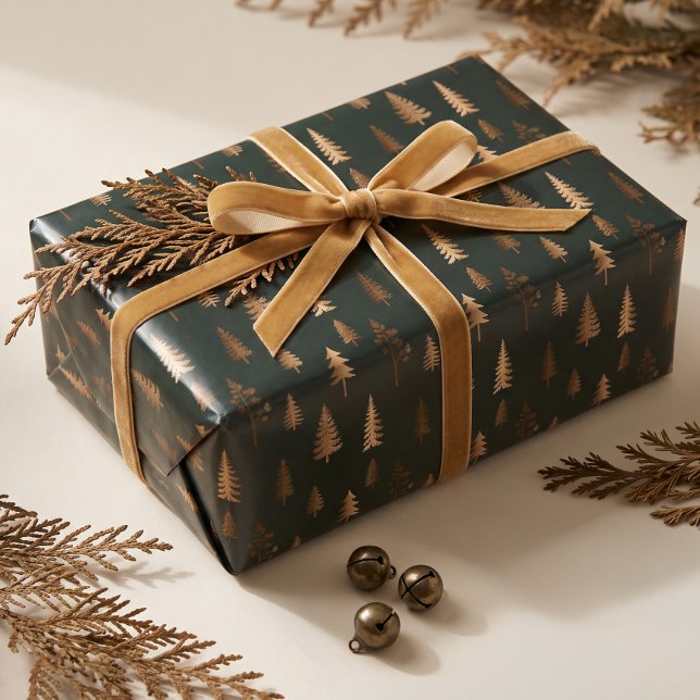 Elegant Faux Guld Tallskog Jul Presentpapper (Elegant Faux Gold Pine Tree Forest Christmas Wrapping Paper)