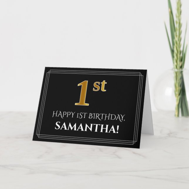 Elegant Faux Guld Titta "1st Birthday" + Namn Kort (Framsida)
