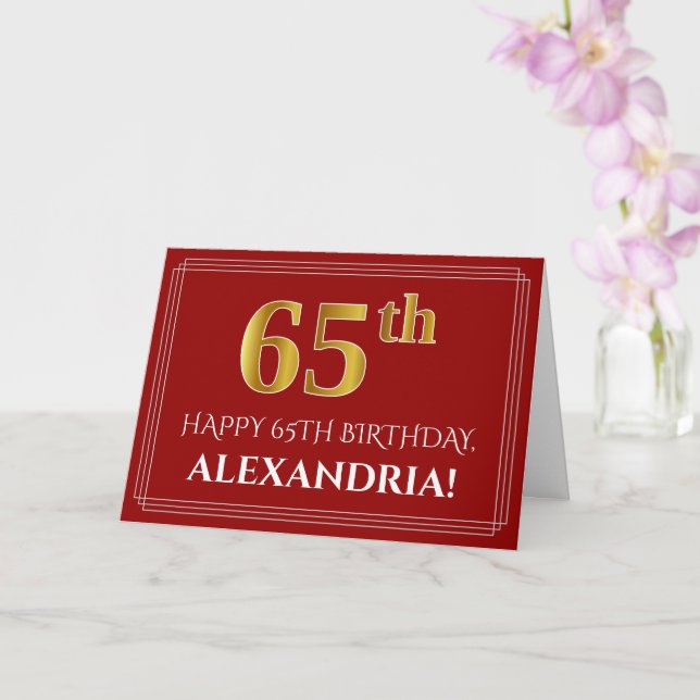 Elegant Faux Guld Titta "65e" Birthday, Namn (röd) Kort (Orkide)