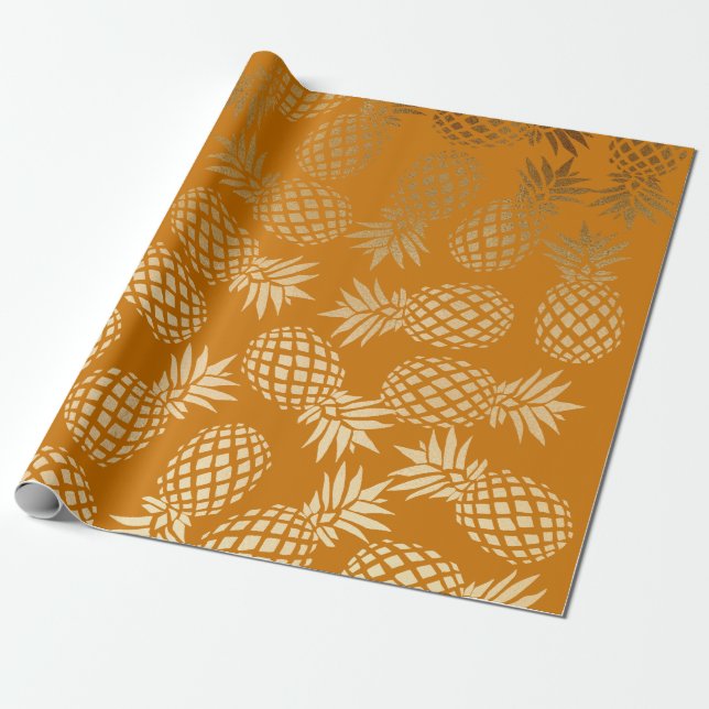 elegant faux guld tropiska ananas mönster presentpapper (Utrullad)