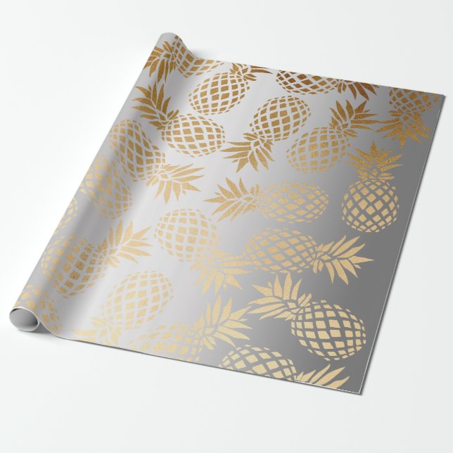 elegant faux guld tropiska ananas mönster presentpapper (Utrullad)