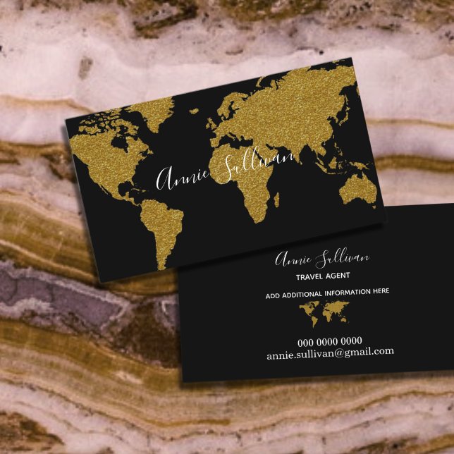 Elegant Faux Guld World Map Black Travel Agent Visitkort (Skapare uppladdad)