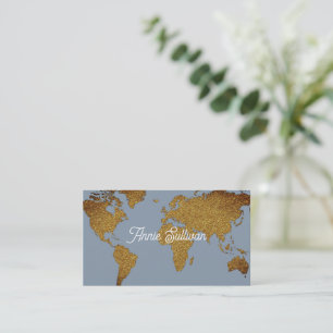 Elegant Faux Guld World Map Dusty Blue Visitkort