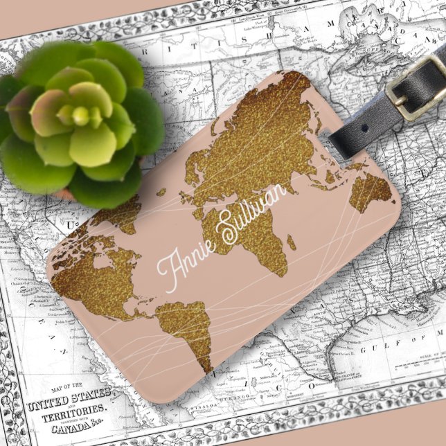 Elegant Faux Guld World Map Dusty Ro Travel Bagagebricka (Skapare uppladdad)