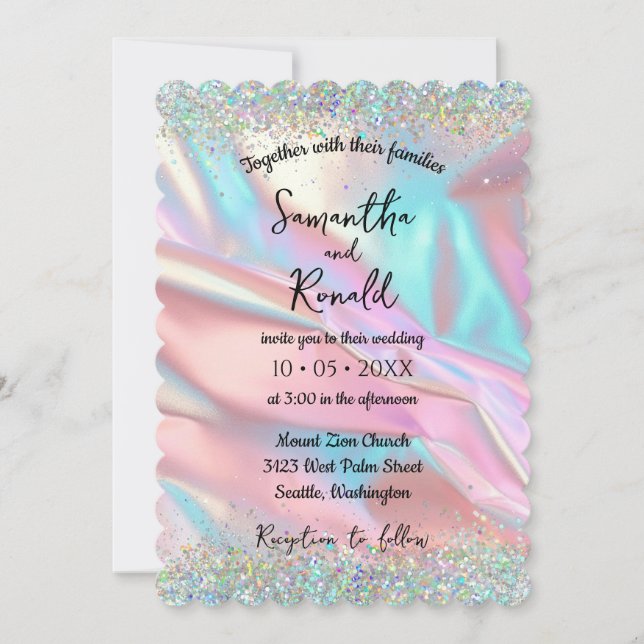 Elegant Faux Iridescent Foil och Glitter Bröllop Inbjudningar (Framsida)