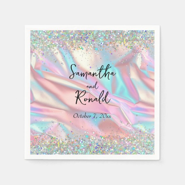 Elegant Faux Iridescent Foil och Glitter Bröllop Pappersservett (Framsidan)