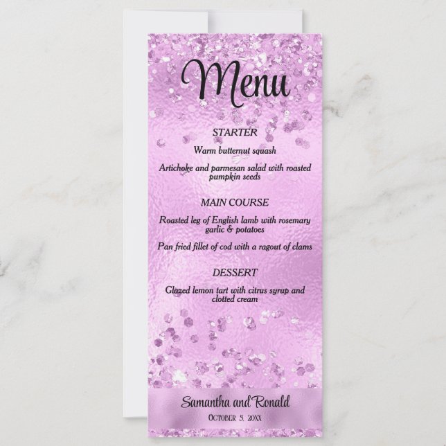 Elegant Faux Lilac Glitter och Foil Bröllop Menu Inbjudningar (Framsida)