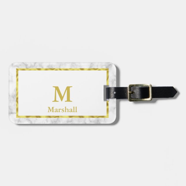 Elegant Faux Marble Gräns Guld Namn med Monogram Bagagebricka (Horisontell Framsida)