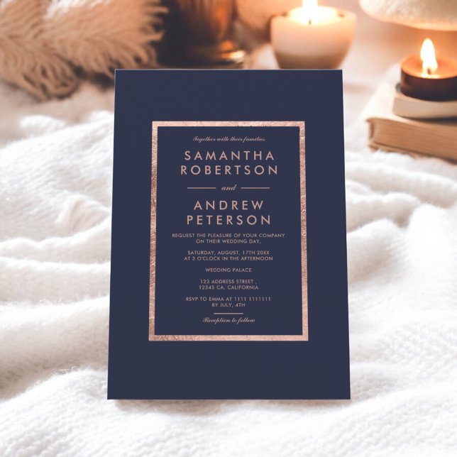 Elegant faux marinblått bröllop vid guld i ram inbjudningar (Elegant faux rose gold frame navy blue wedding invitation)