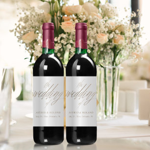 Elegant Faux Metallic Guld & White Bröllop Vinflaska Etikett