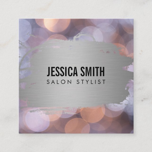 Elegant Faux Metallic Silver Brushed | Bokeh Fyrkantigt Visitkort (Framsida)