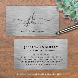 Elegant Faux Metallic Silver Script Monogram Visitkort