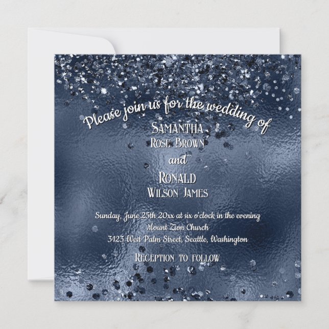 Elegant Faux Mörk blått Glitter och Foil Bröllop Inbjudningar (Framsida)