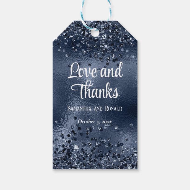 Elegant Faux Mörk blått Glitter och Foil Bröllop Presentetikett (Framsidan)