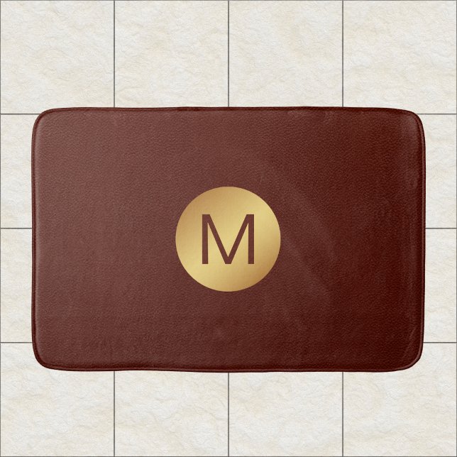 Elegant Faux Red Leather & Guld Monogram Initial Badrumsmatta (Skapare uppladdad)