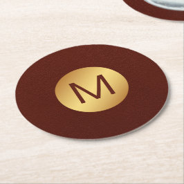 Elegant Faux Red Leather & Guld Monogram Initial Underlägg Papper Rund
