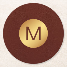 Elegant Faux Red Leather & Guld Monogram Initial Underlägg Papper Rund