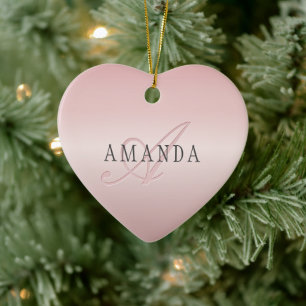 Elegant Faux Ro Guld Namn och Monogram Julgransprydnad Keramik