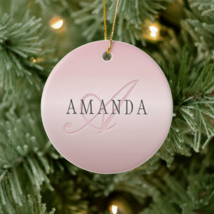 Elegant Faux Ro Guld Namn och Monogram Julgransprydnad Keramik