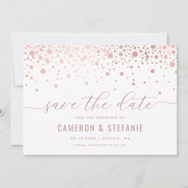 Elegant Faux Rosa Foil Confetti Modern White Spara Datumet (Framsida)