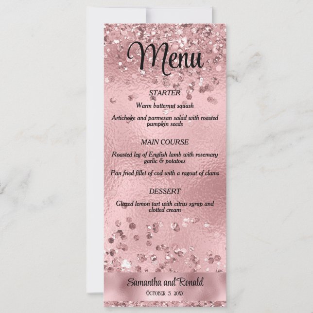 Elegant Faux Rosa Glitter och Foil Bröllop Menu Inbjudningar (Framsida)