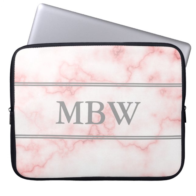 Elegant Faux Rosa Marble Grått Monogram Laptop Fodral (Framsidan)