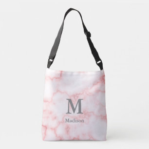 Elegant Faux Rosa Marble Grått Namn & Monogram Axelväska