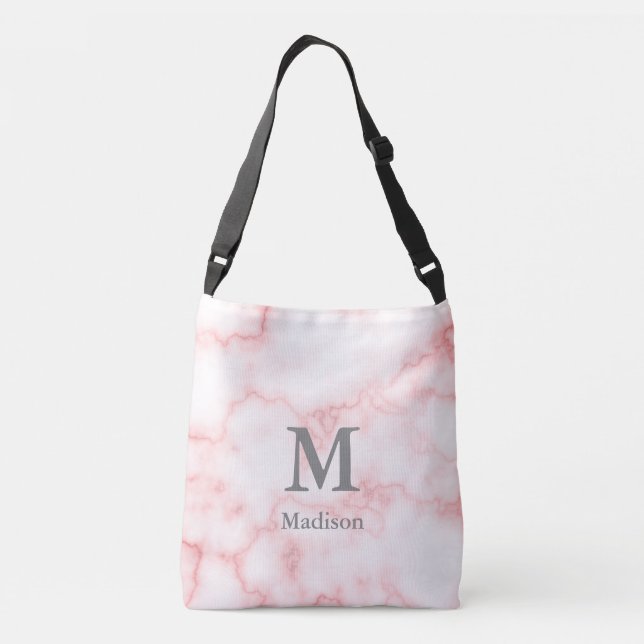 Elegant Faux Rosa Marble Grått Namn & Monogram Axelväska (Baksida)